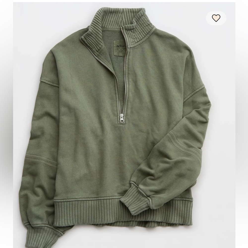 Aerie Sun’s Out Quarter Zip Sweatshirt Olive Green Oversized Pullover L - Picture 2 of 10